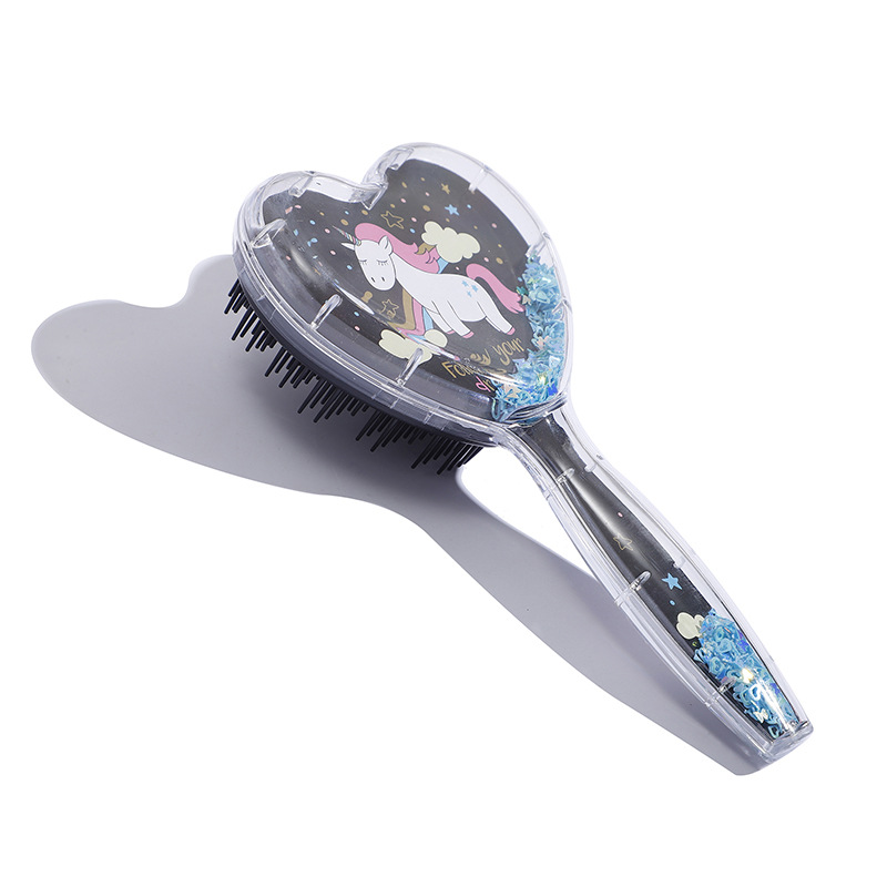 Cute Heart Hairdressing Comb for Kids Anti-knot Massage Hair Comb for Children Girls Cartoon Unicorn Flowing Stars Hair Comb: black unicorn