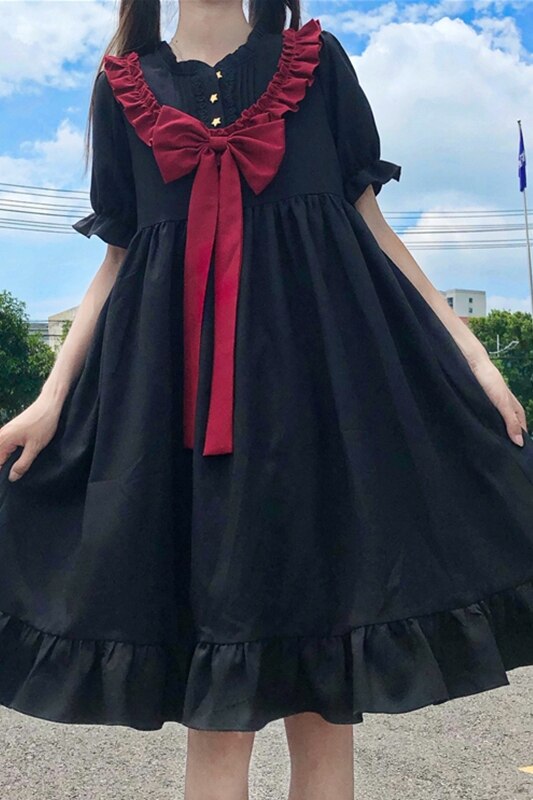 Japansk mørk sød sløjfe slankekjole kvinder sommer stil fe kjole teselskab lolita kjole sød lolita dukke