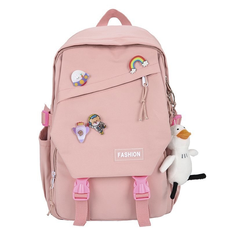 Bolso de viaje para mujer, Mochila grande Kawaii, impermeable, negra, escolar,: pink / with duck pendant