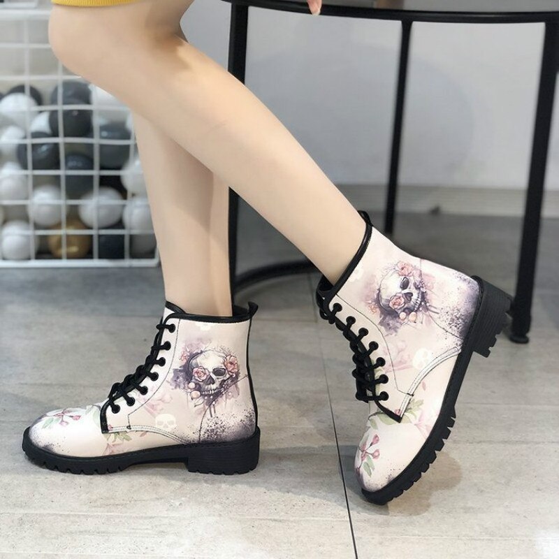 Skeleton Vrouwen Sneeuw Enkellaarsjes Motorcycle Skull Viooltje Lage Hakken Schoenen Vintage Pu Leer Warme Winter Hoge Platform