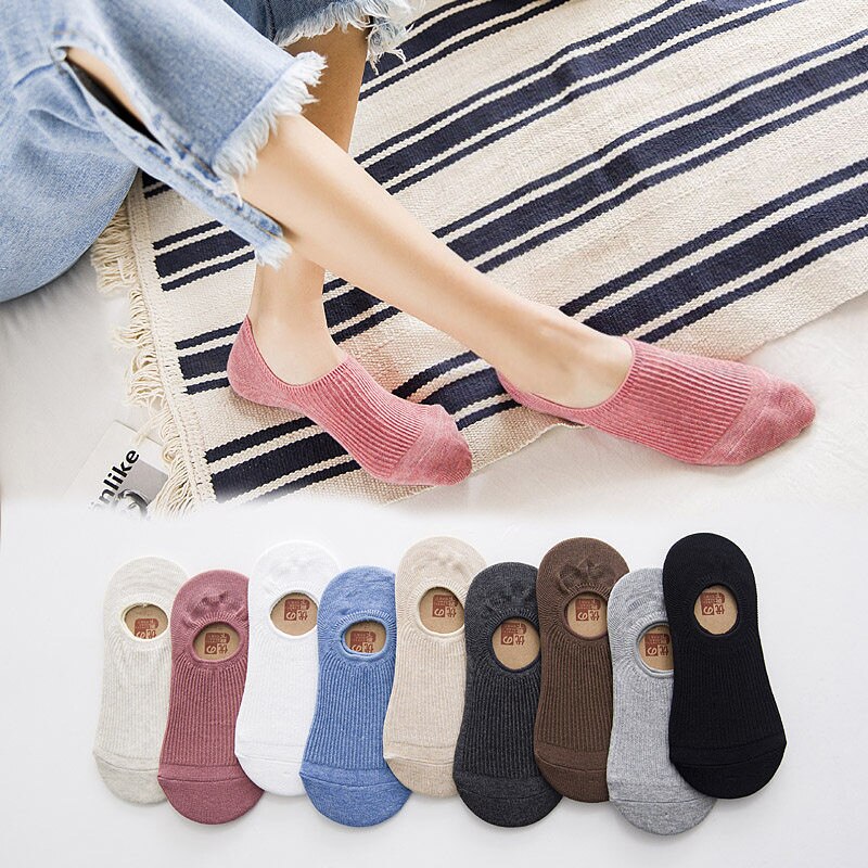 5Pairs/lot Spring Summer Women Socks Solid Wild Shallow Mouth Vertical Stripes Silicone Non-slip Invisible Sock Slipper
