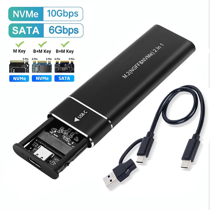 M2 SSD Case M.2 NVMe SATA SSD Enclosure Adapter 10Gbps USB 3.1 Type C Dual Protocol External Enclosure Supports M And B&M Keys: Silver