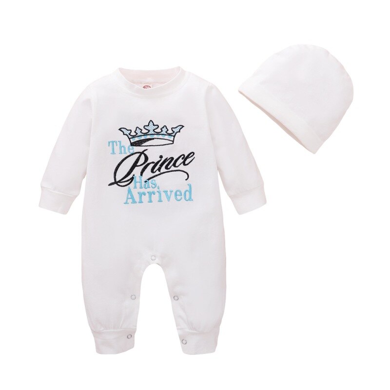 Baby Jumpsuit Pasgeboren Baby Lange Mouw Brief Patroon Rompertjes Peuter Meisjes Jongens Casual Jumpsuit Met Hoed 2 Stuks Outfit: 6-12M