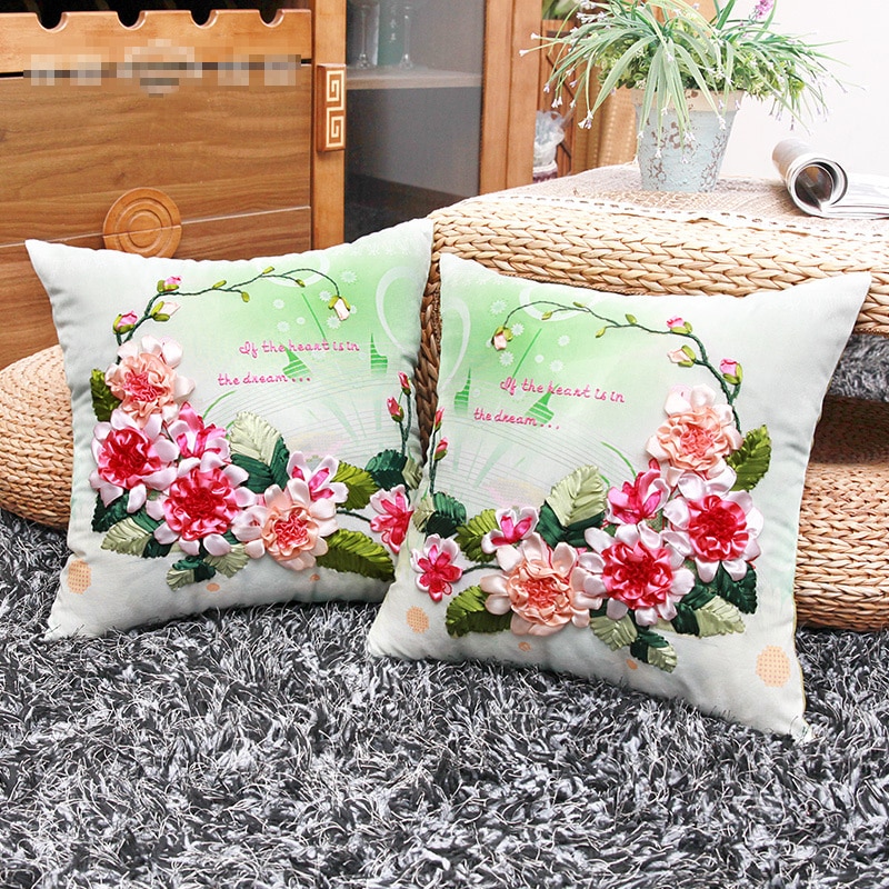 2 PCS/SET DIY Ribbon Embroidery Cushion Set Flower Print Pillow Case Cushion Fabric Handcraft Handmade Needlework Home Decor