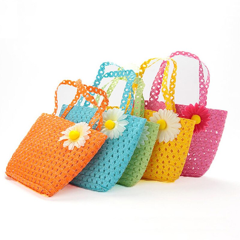 Girls Sun Flower Straw Hat Handbag Set Cute Lovely Princess Summer Beach Outdoor Travel Pure Color Sun Hat