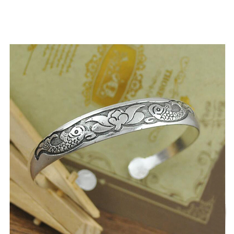 Vintage Ethnische Breite Armreifen Blumen Tiere Geschnitzt Retro Tibetischen Tribal Antike Silber Farbe Metall Armbänder Armreifen Für Frauen: 8