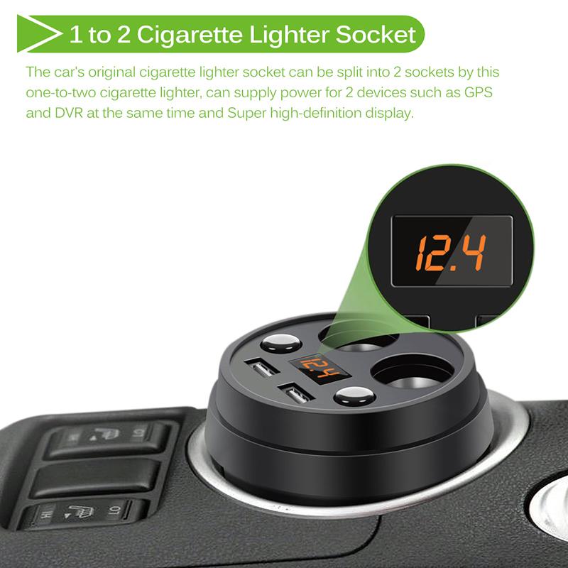 Onever 3.1A Dual USB Car Charger Adapter with 2 Cigarette Lighter Socket Volmeter Display Car Cup Holder Type Support DC 12-24V