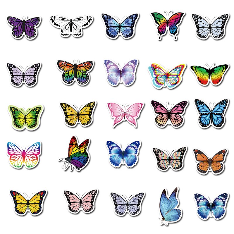 50pcs Colorful Butterfly Stickers For Laptop Skateboard Guitar Stationery Mixed Decals DIY Fridge Bottle Waterproof Sticker