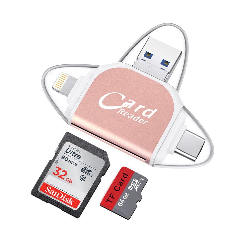 Lector de tarjetas SD de aluminio Micro SD USB C tarjeta otg adaptador Micro USB tipo C 4 en 1 para iPhone 11X6 7 8 S8 Android: Rosa