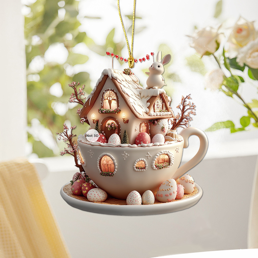 Adornos de taza de café de Pascua, casa de huevos de conejito de dibujos animados, tazas de café decorativas, adornos acrílicos 2D, suministros para de primavera 2025,: Gris oscuro