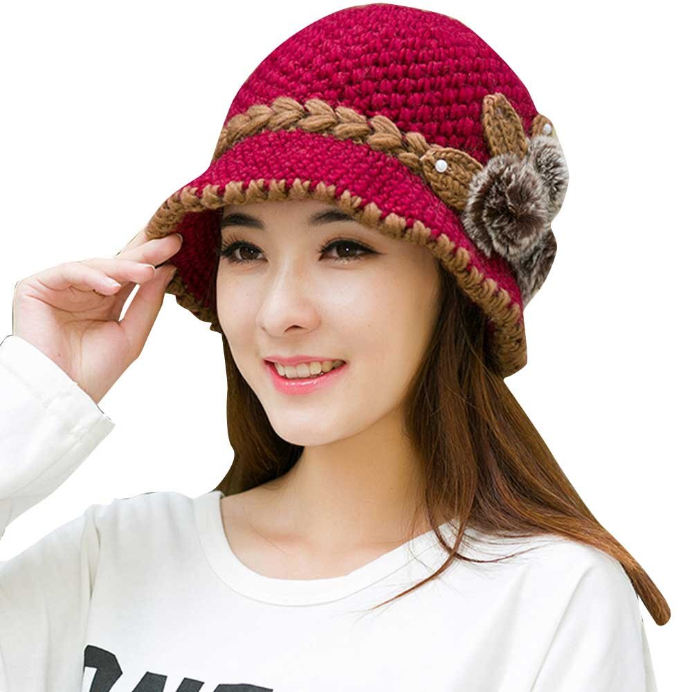 Ears Hat Knitted Women Cap Newly Lady Winter Warm Crochet Flowers Decorated Ears Hat Mujer: White