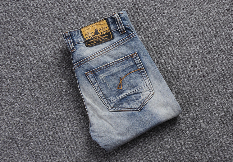 Streetwear heren jeans lichtblauw slim fit destroyed ripped jeans voor heren borduurwerk patch vintage klassieke jeans