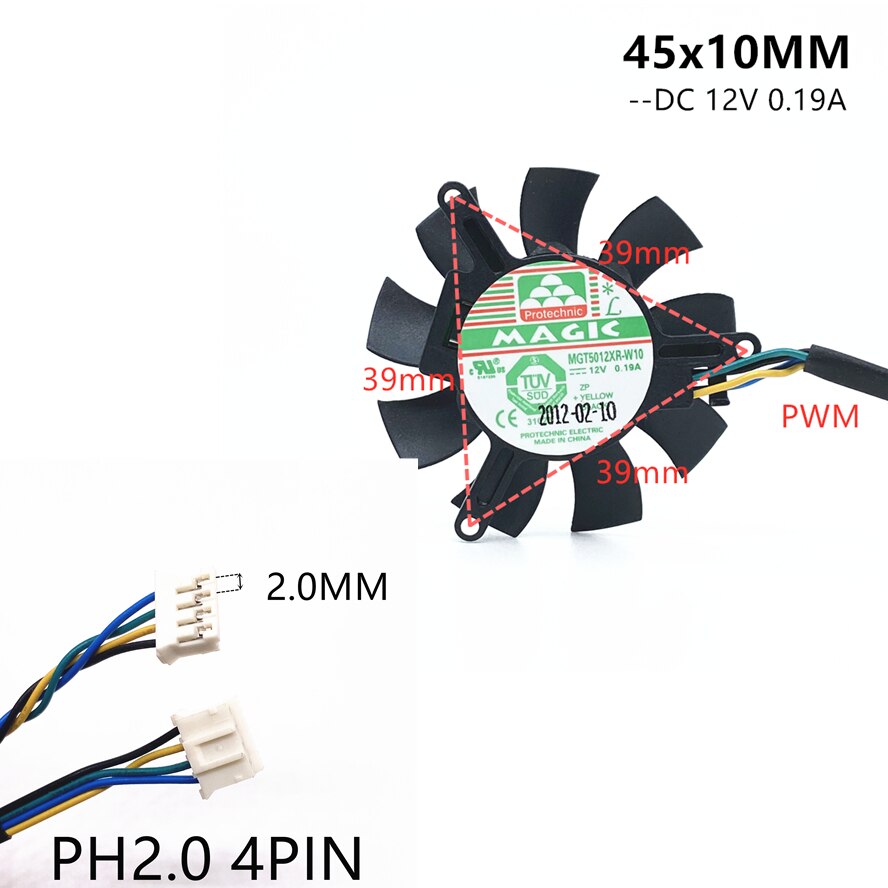 MDA5012LR-A10 MGT5012XR-W10 Ultra Stille 5010 Videokaart Fan Blade 45Mm Diameter 39Mm Hole Pitch 12V 0.1A 2pin: MGT5012XR-W10 4pin