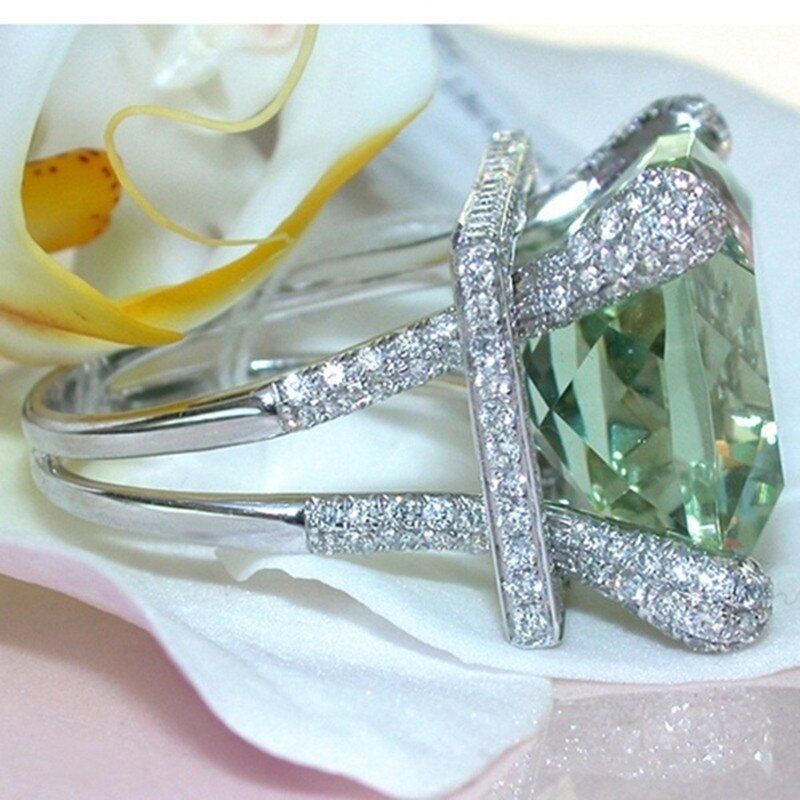 Fdlk luxo grande anel de cristal verde aaa cor prata zircão enchido jóias nupcial casamento noivado anel tamanho 5-12