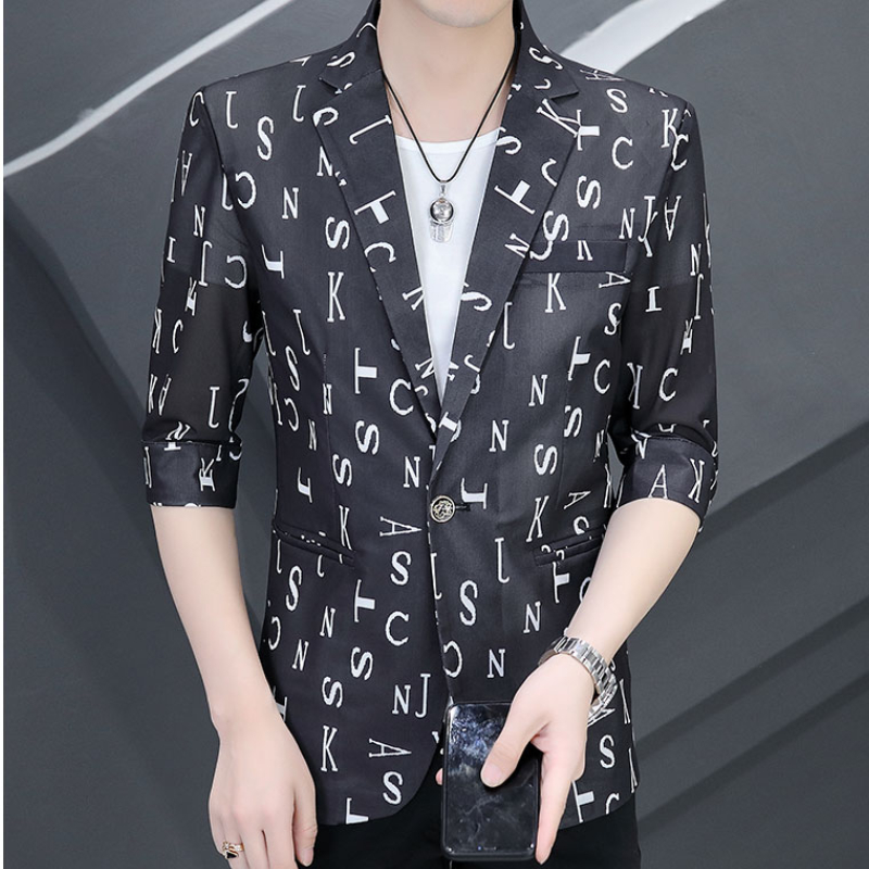 2022 Summer Letter Printed Men Blazers 3/4 Sleeve Casual Suit Jacket Wedding Business Social Dress Coat Casual Slim Blazer