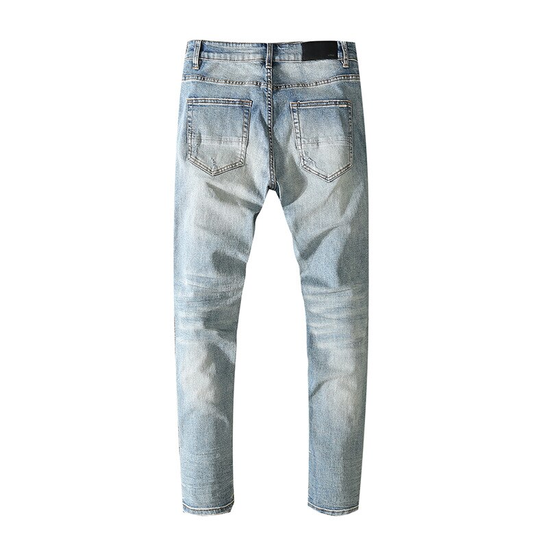Pantalones vaqueros desgastados para hombre, Jeans desgastados de cuero negro y azul, AM, novedad