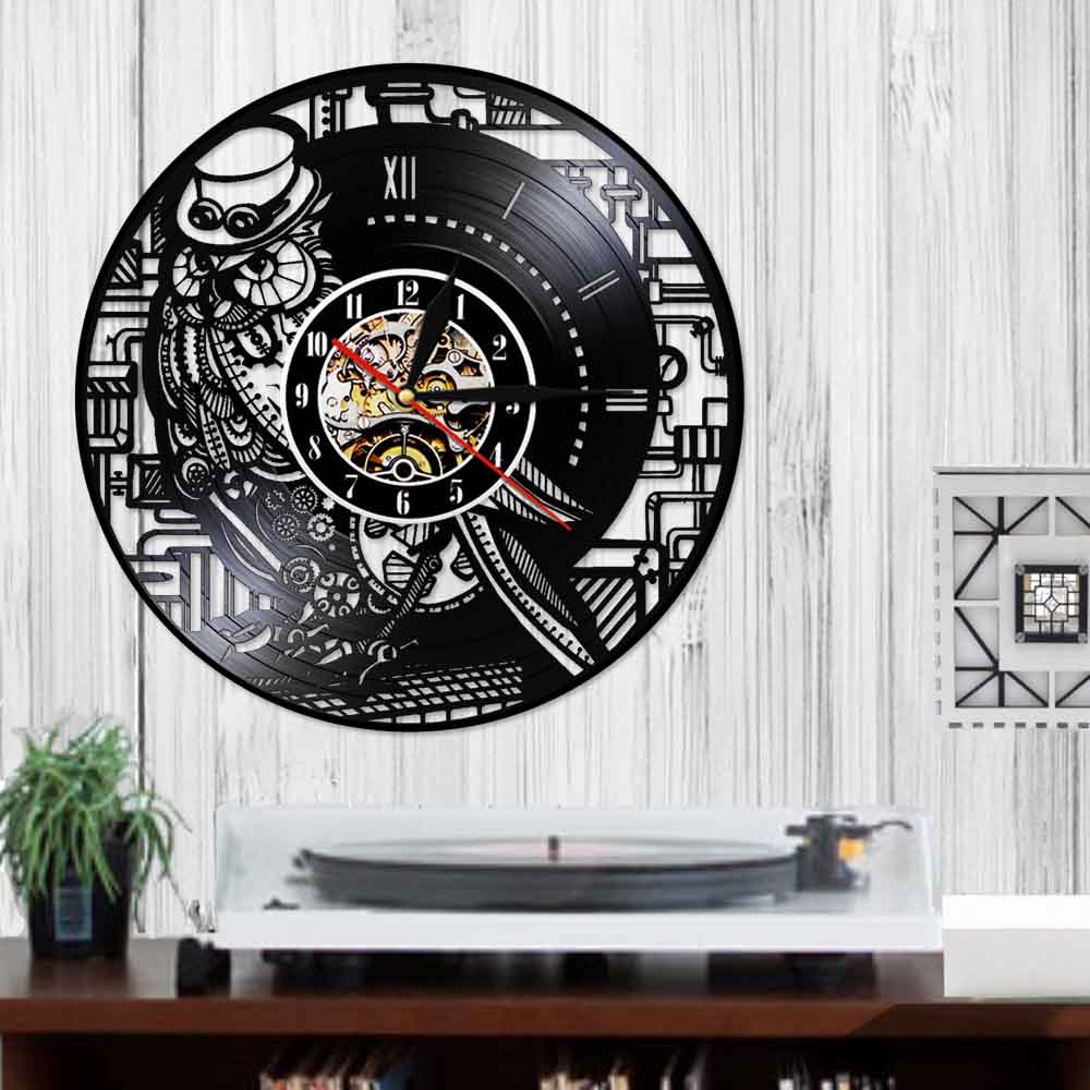 Steampunk ugle vinyl rekord led let væg ur ornamenter ur gear og tandhjul væg ur lavet af ægte vinyl plade