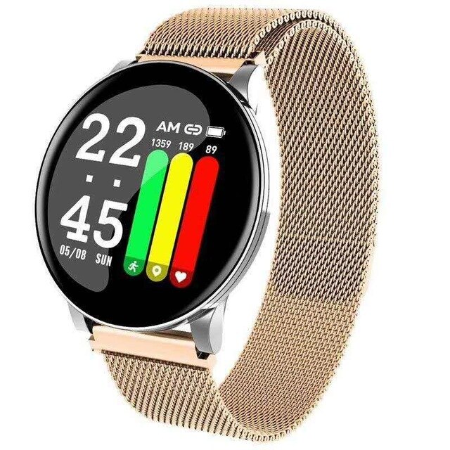 Smart Uhr Frauen Uhren Männer Wasserdichte Fitness Tracker Armband Sport Heart Rate Monitor Smartwatch W8 Armband für Xiaomi: Gold steel strap