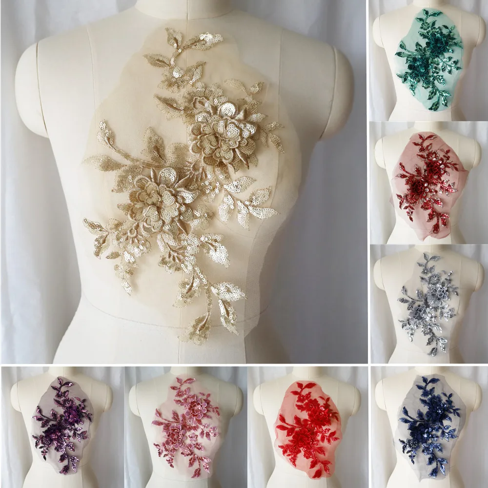 Lantejoulas bordadas flor aplique renda tecido guarnição gola de malha vestido de noiva de casamento remendo de costura vestido de festa decoração artesanato faça você mesmo