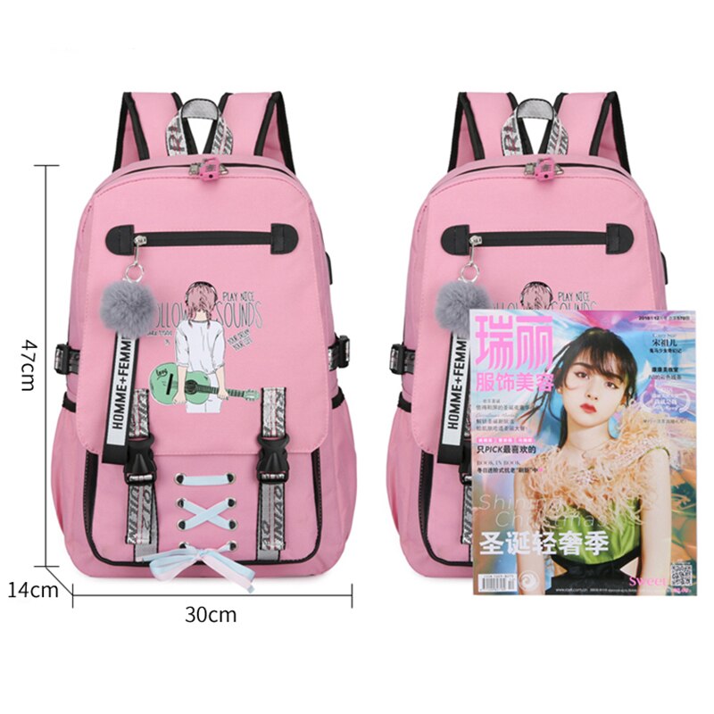 Pink Canvas Backpack Women School Bags for Teenage Girls Preppy Style Large Capacity USB Back Pack Rucksack Youth Bagpack