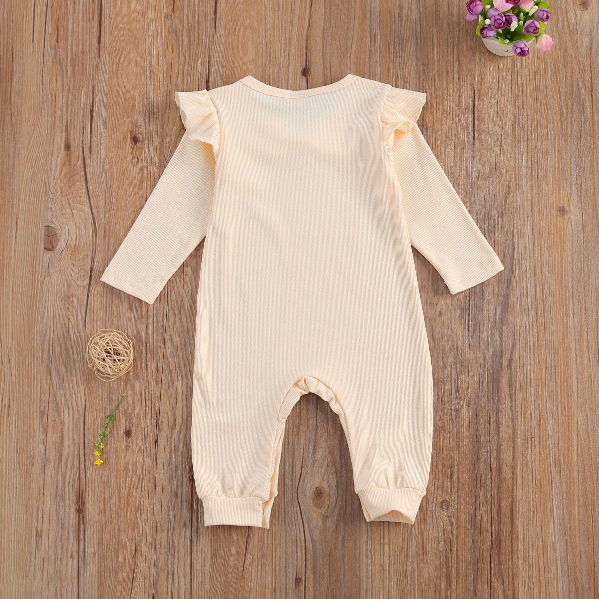 Baby Baby Meisjes Effen Kleur Geribbelde Jumpsuit Peuter Jongen Meisje Lange Flying Mouwen Boog Geribbelde Romper Strikje Knop Broek
