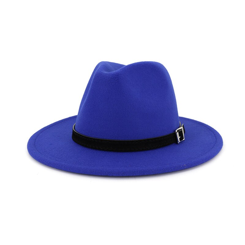 FS White Fedora Hat For Women Felt Hat With Belt Buckle Vintage Wool Wide Brim Jazz Cap Men Panama Hat 17 Colors: Royal Blue fedora