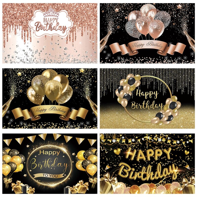 Happy Birthday Backdrop Banner Large Black Gold Balloon Star Poster Booth Backdrop Birthday photo Background Wall Party Decor