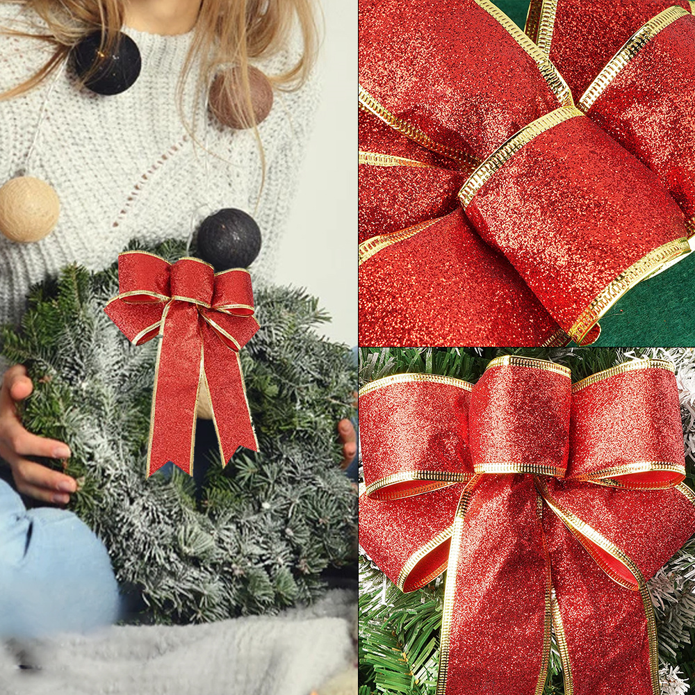 10Pcs Grote Kerstboom Decoratie Bows Glitter Gold Decoratieve Bogen Voor Kerst Home Party Decoratie Jaar Cadeau