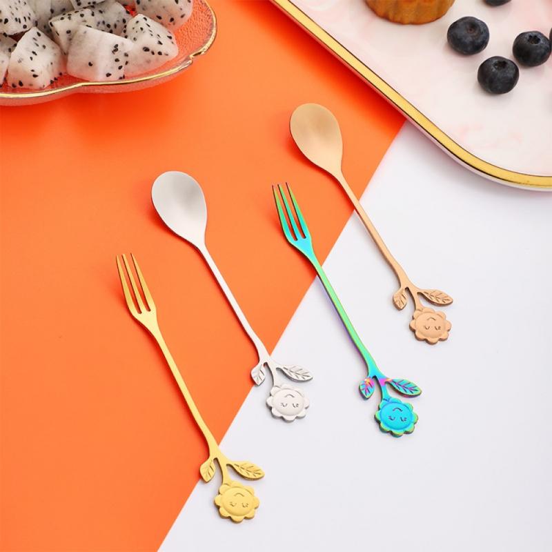 Sunflower Pattern Spoon Fork Stainless Steel Thin Handle Tea Spoon Coffee Stirring Rod Dessert Fork Tableware