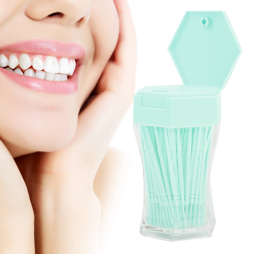200 Stck Lebensmittel-Klasse Doppel Kopf Zahnstocher Kegel bilden Weichen Bürste Haushalt Reinigung Zahnstein Entfernung Sechseckigen Flaschen Einfache Pack: Grün