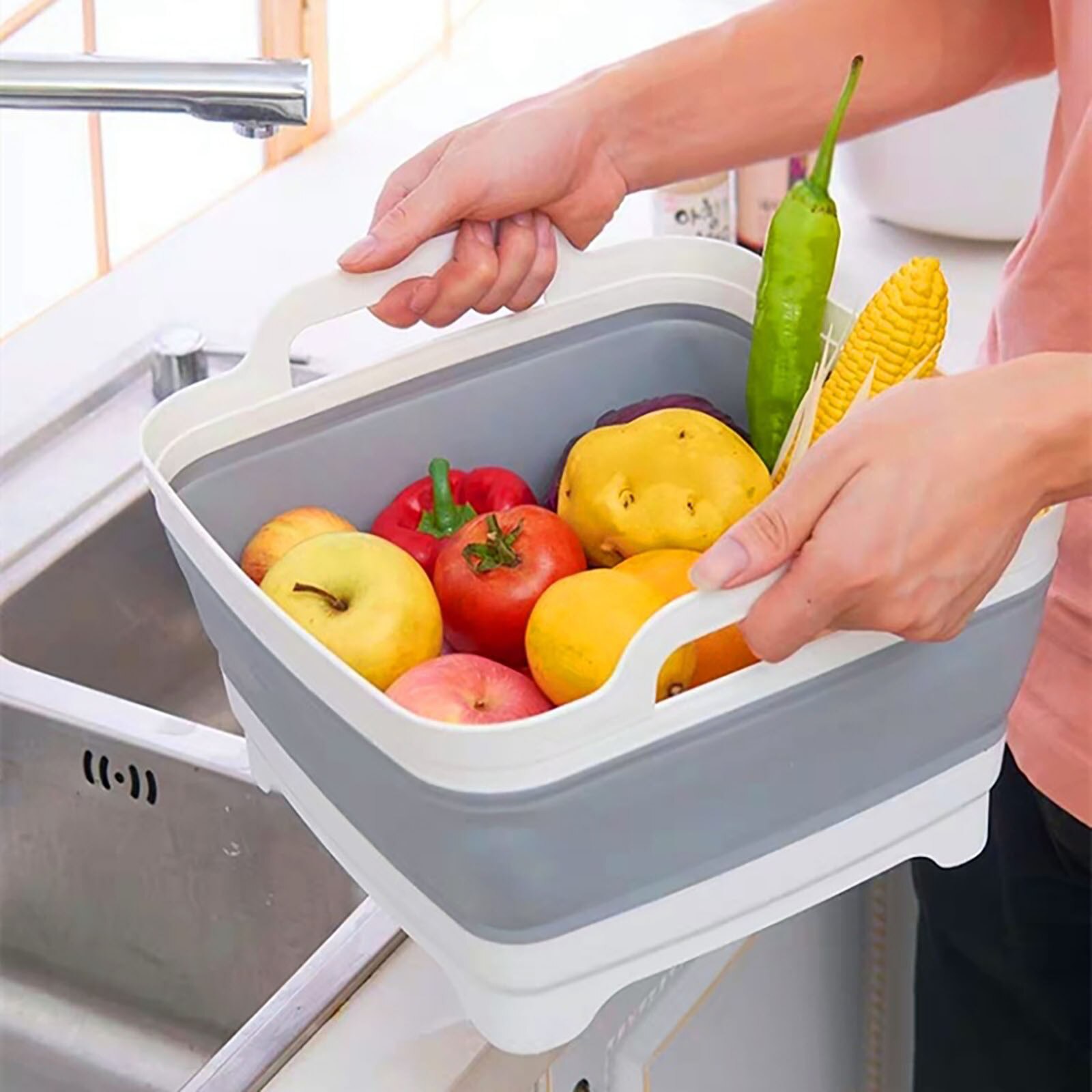 Bassin de lavage pliable en Silicone, avec bouchon de vidange, poignées de transport, égouttoir d'évier, passoire de Camping # T2G