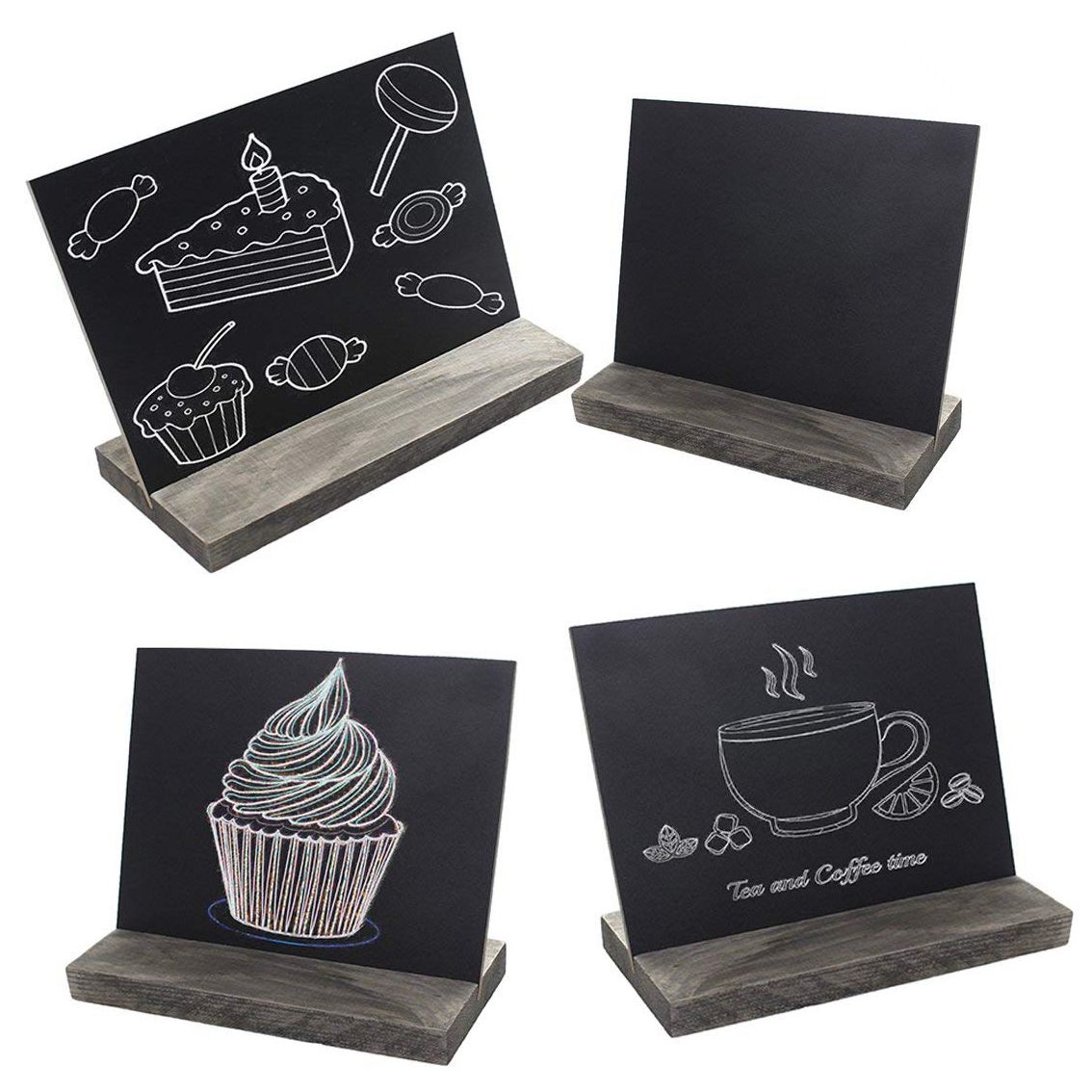 15.3x12.7x4.6cm Mini Tabletop Chalkboard Signs with Rustic Style Wood Base Stands, Set of 4,Include 3x chalks-SCLL