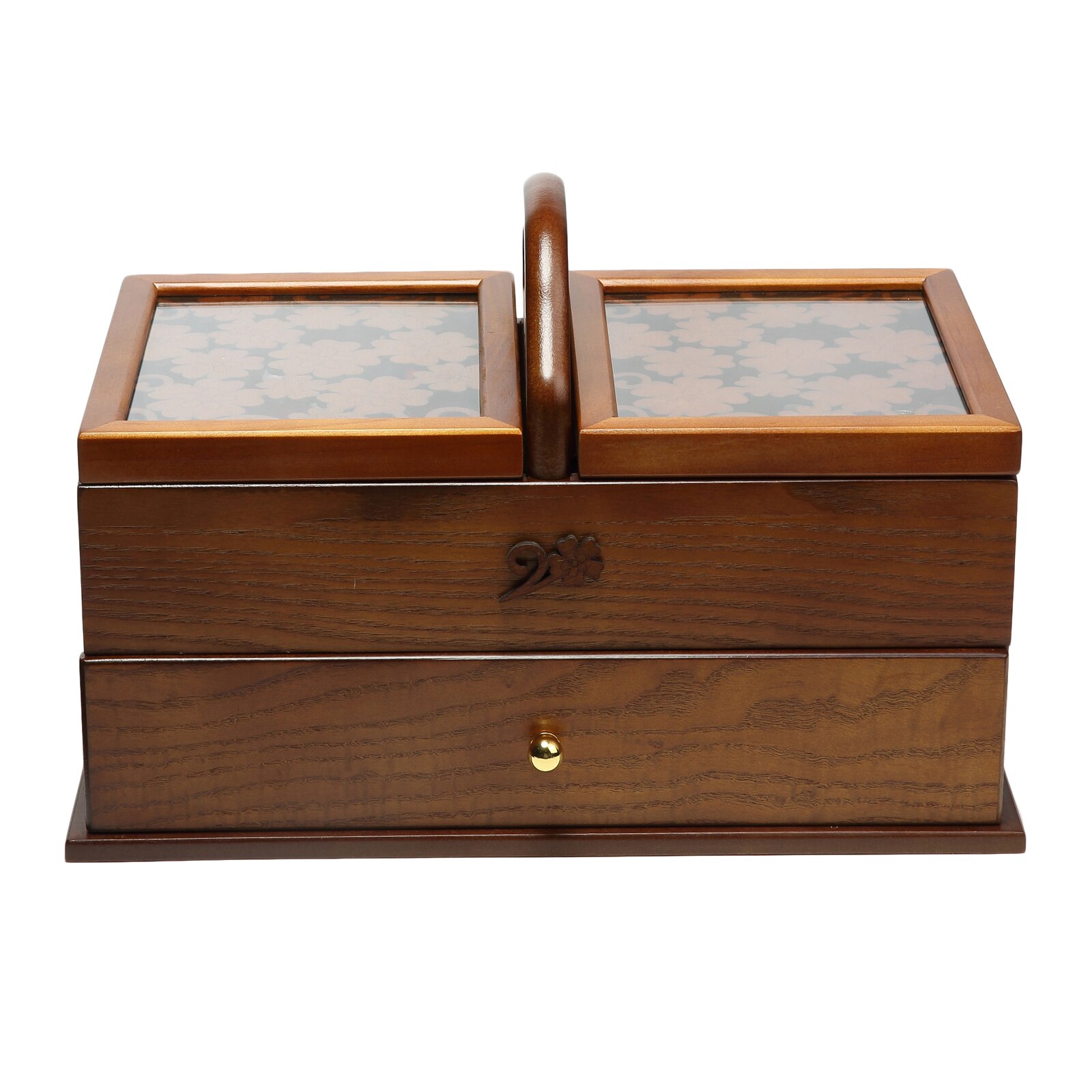 Carved Wooden Sewing Basket w/ Compartment Expanding Box Storage for Sewing Tool