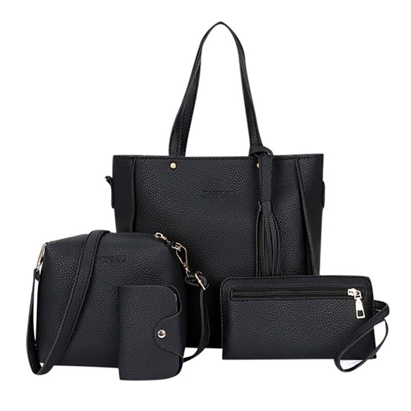 4pcs/set Ladies Leather Bag Set Polyester Shoulder Bag Handbag Messenger Bag Set 9 Colors: BK