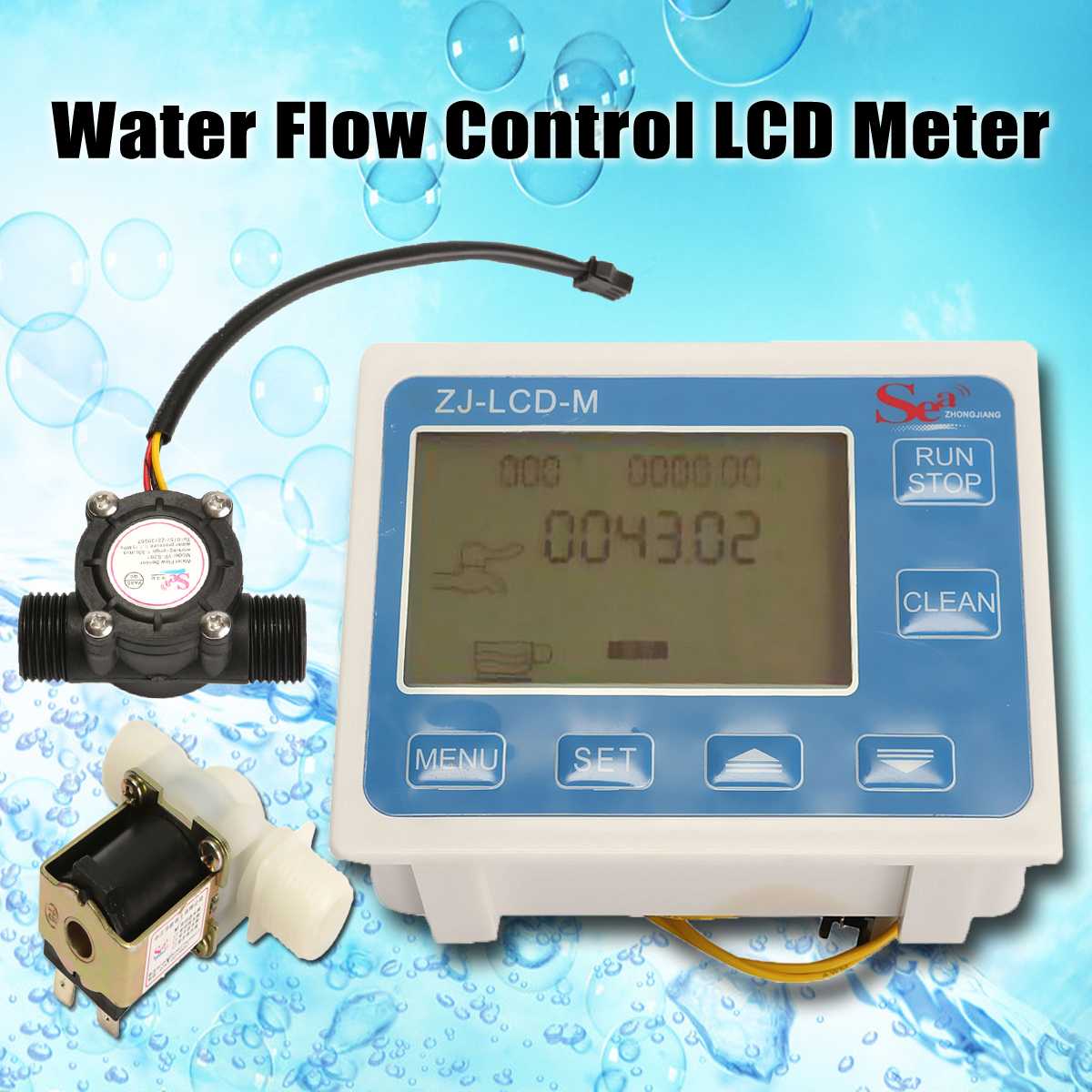 1/2'' Water Flow Rate Gauge Control LCD Meter + Flow Sensor + Solenoid Valve Set