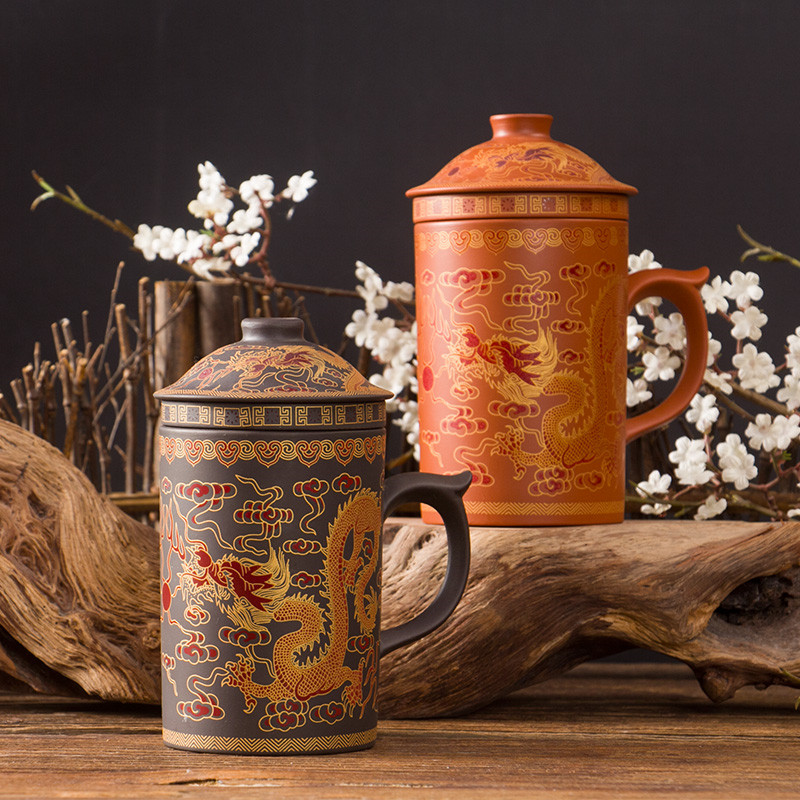 Håndlavet yixing håndmalet dragon skønhed lilla ler te krus med låg og infuser kontor tekop keramik vand krus drinkware