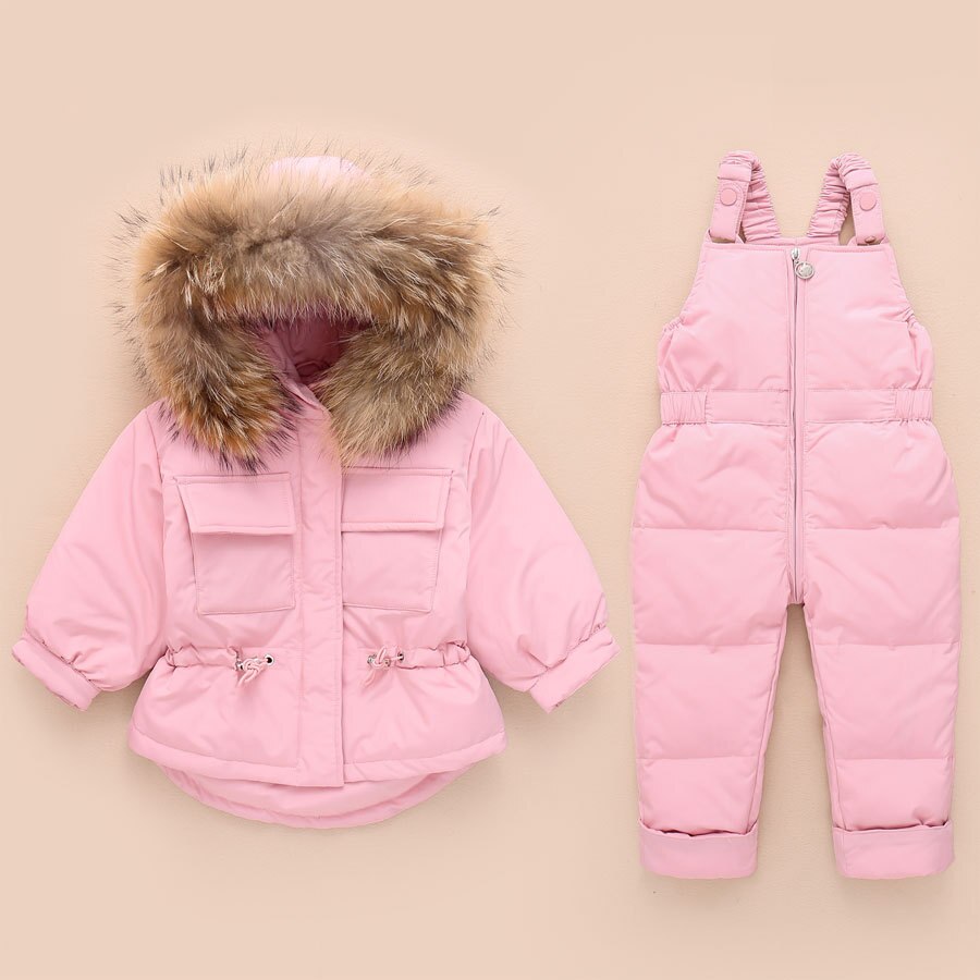 2Pcs Children Clothes Sets Baby Girls Boys Winter Fur Hooded Jacket+Romper Overalls Suit for Baby Thicken Ski Snow Warm Clothing: Pink / 12M