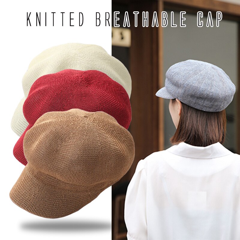 Octagonal Cap Straw Women Summer Thin Newsboy Cap Painter Straw Knitted Beret Mesh Breathable Sun Hat