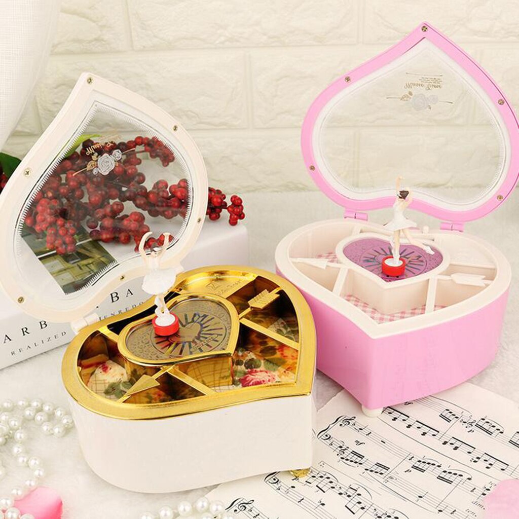 Heart Shaped Musical Jewelry Box with Beautiful Ballerina Christmas /Vanlentise's Day , Pink /White