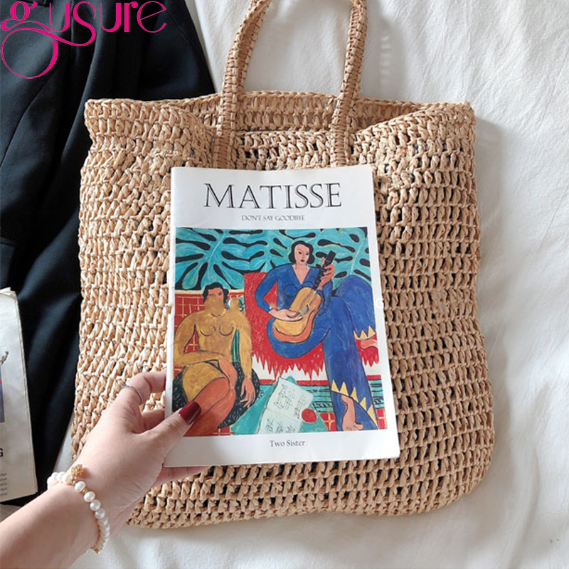 Gusure Mode Vrouwen Zomer Stro Tassen Grote Rieten Geweven Schouder Handtassen Vrouwelijke 2022 Strand Gevlochten Boodschappentassen