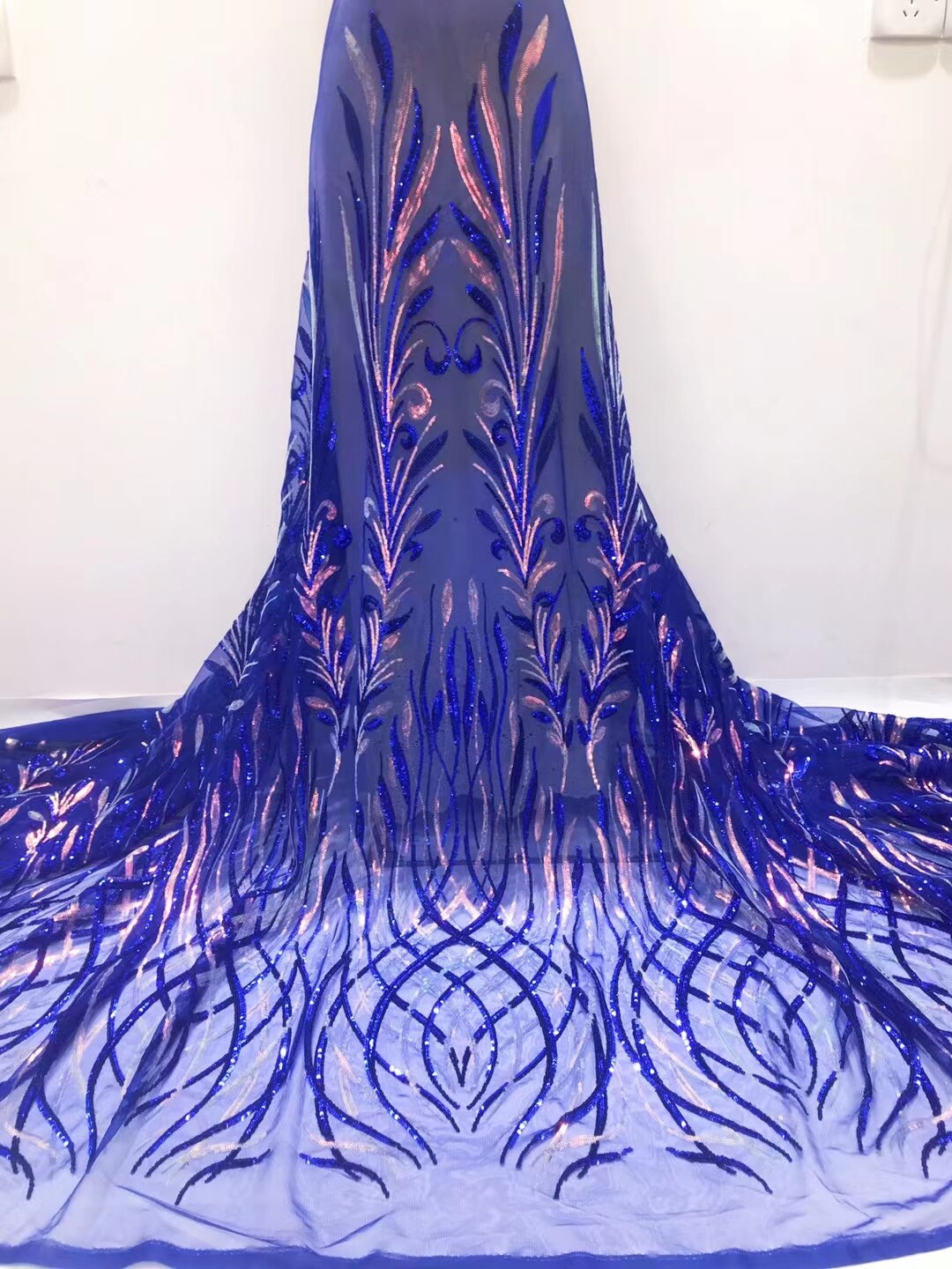 Classic Rose Gold2022 Latest African Tulle Lace with Sequins For African Wedding Dress NN335_V: blue with gold