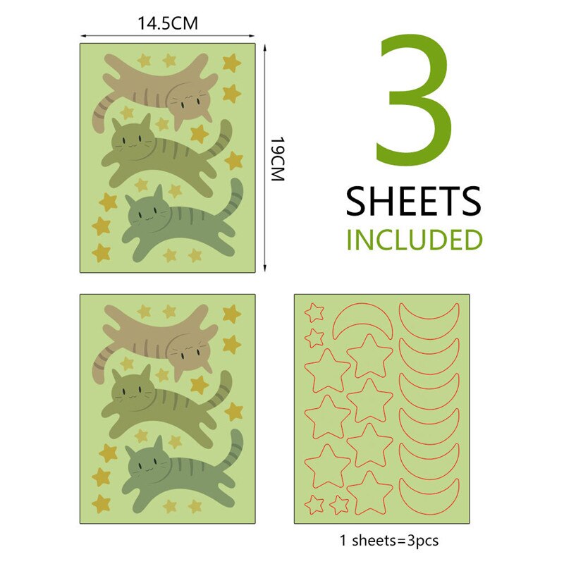 3Pcs/set Cat/Moon/Star DIY Luminous Stickers Cartoon Wall Stickers Kawaii Wallpaper Kids Room Glow-In-Dark Wall Decal Home Decor