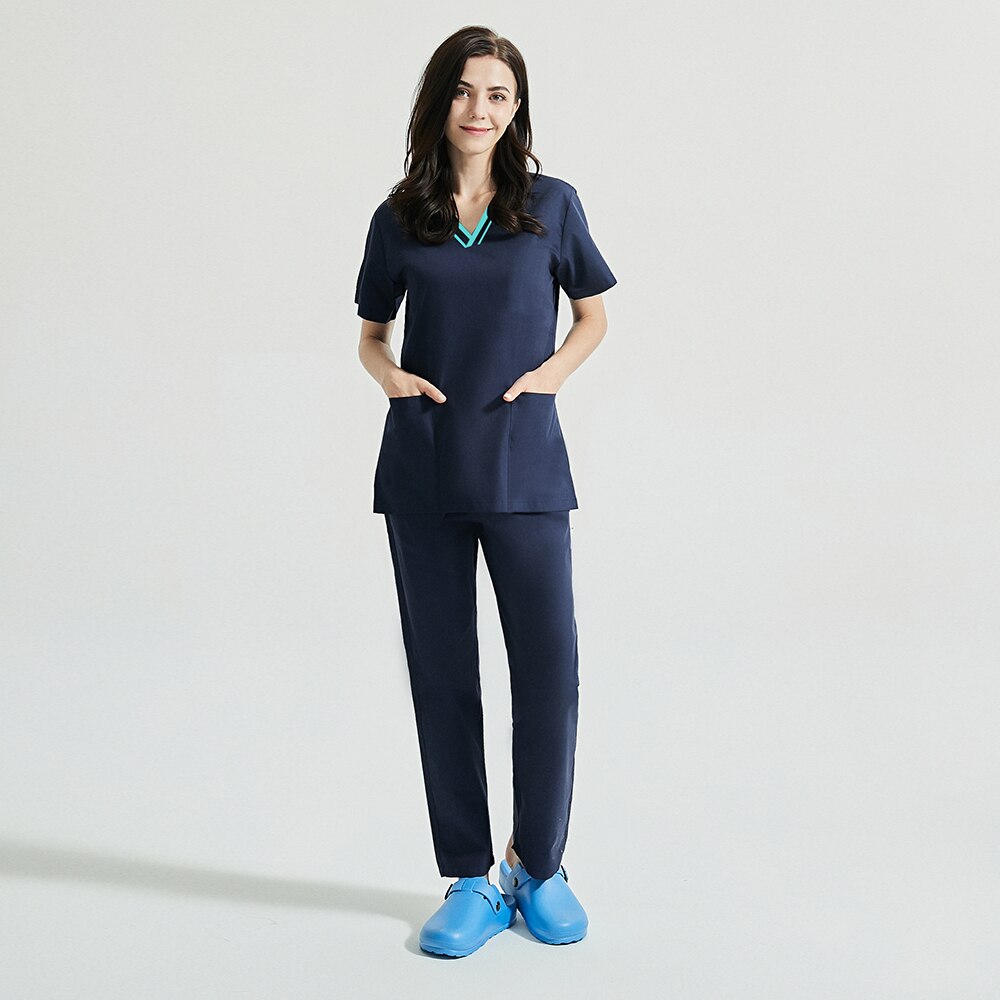 Kortærmet v-hals scrubs toppe scrubs bukser spa uniform arbejdsuniform jakkesæt scrub uniform overalls tøj kvinder mænd arbejdstøj: Marine blå / Xxl