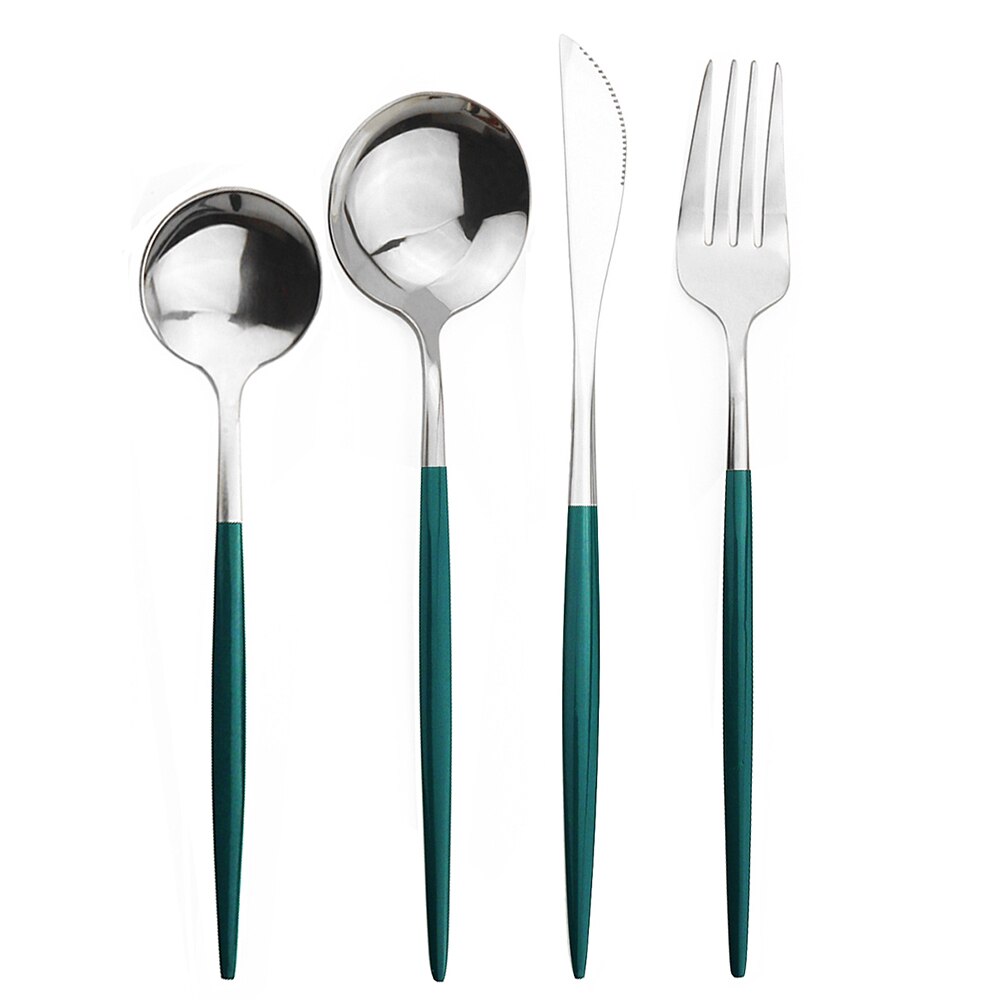 JANKNG 4Pcs Black Dinnerware Set Dessert Spoon Flatware Set Stainless Steel Tableware Mirror Kitchen Gold Cutlery Silverware Set: Green Silver