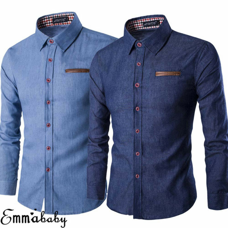 Märke män casual slim fit snygg tvätt denim långärmade jeansskjortor smart casual herrkläder m-xxxl