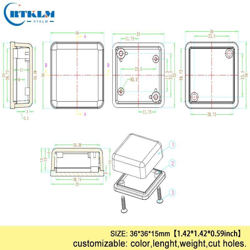 Small plastic project case DIY plastic housing for Electronics Enclosure abs Junction Box PCB desktop box 36*36*15mm