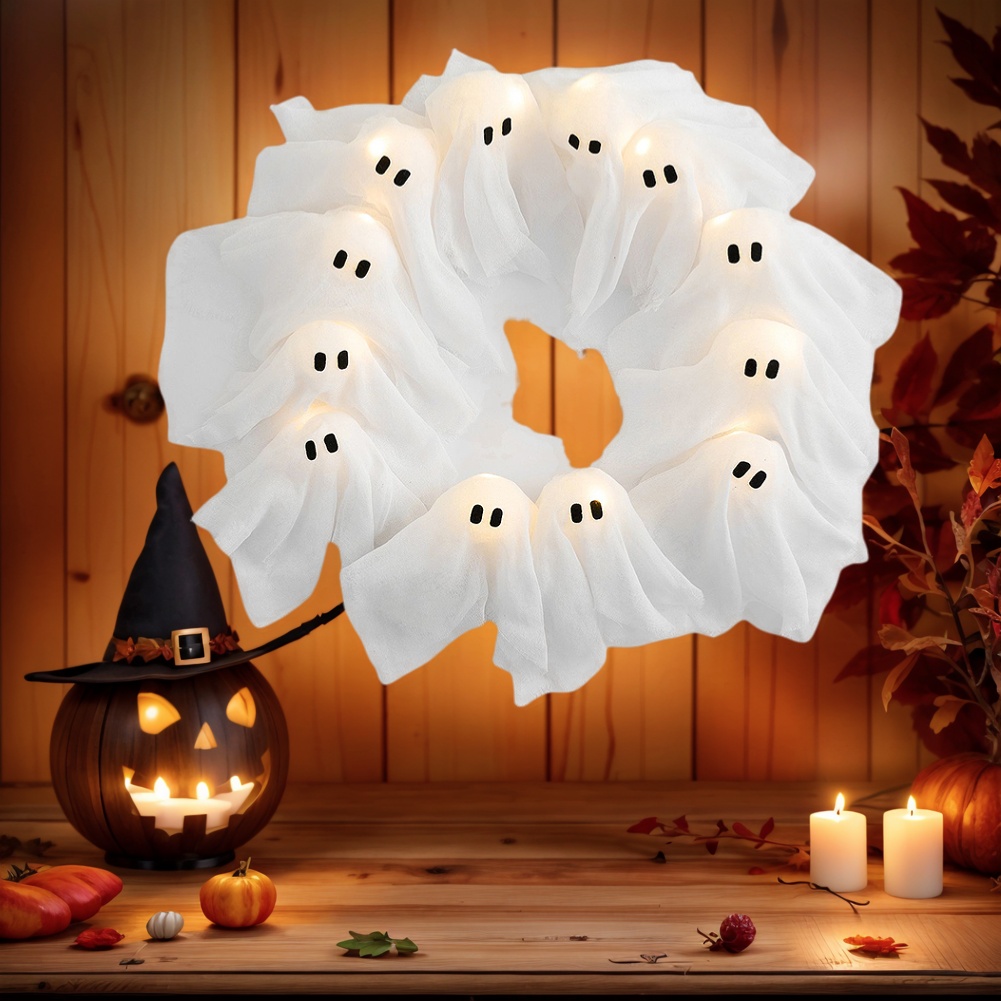 Glödande halloween-dekoration led-spökljus lysande spökkrans utomhusväggdekor kuslig ytterdörrhängande dekor