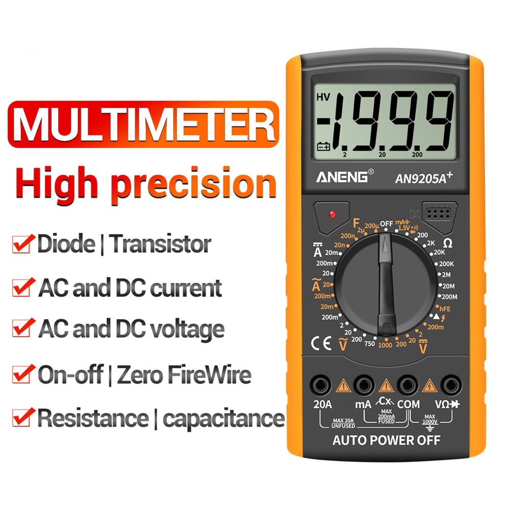 ANENG DT9205A+Digital Multimeter LCD Display Manual Range AC DC Resistance Capacitance Transistor Tester Ammeter NCV Test Meter: Yellow