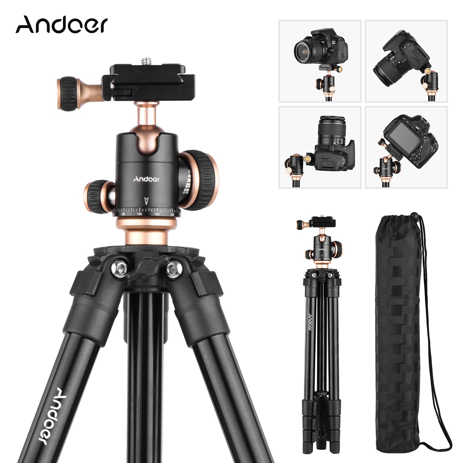 Andoer Q160SA Treppiedi di Macchina Fotografica Completa Treppiedi con Ballhead Panoramica Livella a Bolla Regolabile in Altezza Treppiede Portatile Da Viaggio