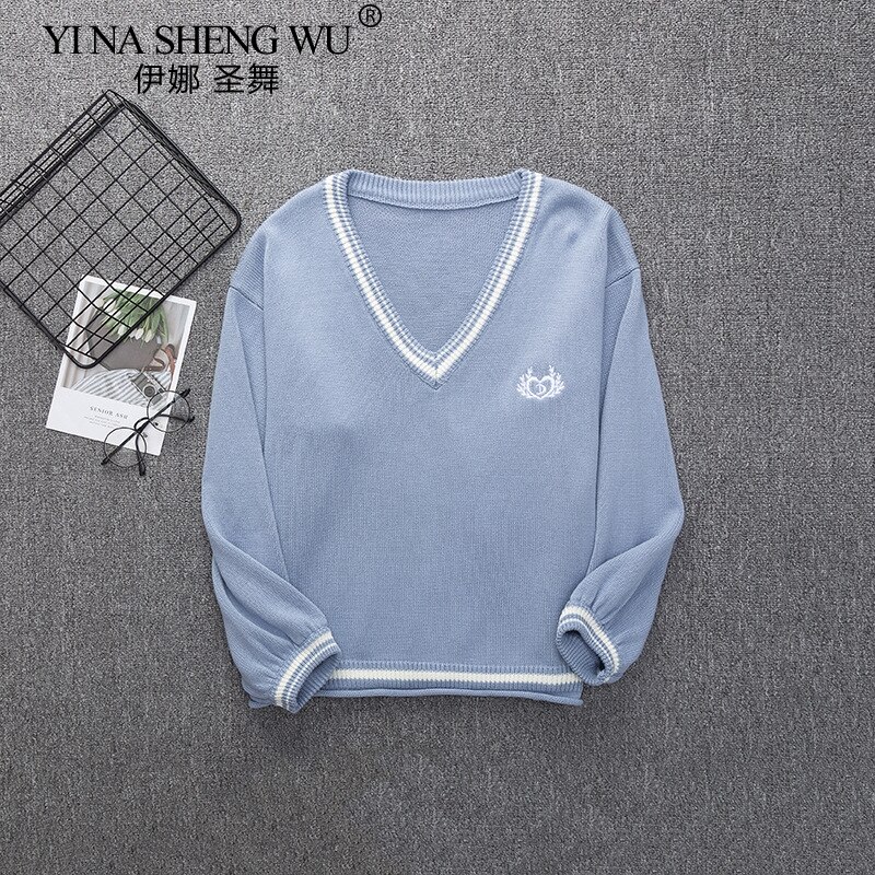 Middle School Student of Autumn Winter, Long Sleeve Knit Tops Pullovers V Neck Sweaters For JK School Uniform Student thanks: Blue / S